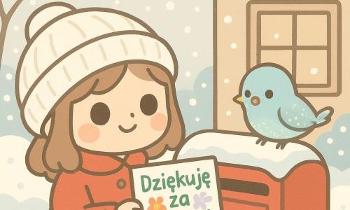 Sześcioletnia dziewczynka, Zosia, o dużych, błyszczących oczach i różowych policzkach, nosi czerwony płaszcz i biały wełniany czepek. Trzyma kolorową kartkę z napisem "dziękuję za dzisiaj" i uśmiecha się radośnie. Mały ptaszek o lśniących piórkach, nazwany Franuś, siedzi na parapecie, patrząc na Zosię z ciekawością. Scena rozgrywa się przed zaśnieżonym domem, którego dach pokryty jest śniegiem jak miękka kołdra. Girlandy świetlne zdobią okoliczne drzewa, tworząc świąteczną i przytulną atmosferę. Główna sytuacja pokazuje Zosię wkładającą kartkę do czerwonej skrzynki pocztowej, otoczoną delikatnie opadającymi płatkami śniegu.