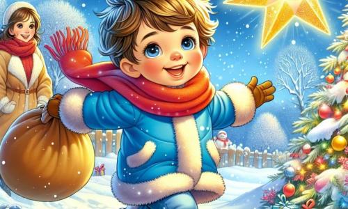 Ein kleiner Junge von 3 Jahren mit roten Wangen und zerzausten braunen Haaren springt fröhlich im Schnee, sein Gesicht strahlt vor Glück und Aufregung. Er trägt einen leuchtend blauen Mantel, einen roten Schal und gefütterte Stiefel. Neben ihm schwebt ein wunderschöner, funkelnder Stern mit einem freundlichen Ausdruck in der Luft und erhellt die Szene mit seinem goldenen Licht. Im Hintergrund beobachtet seine Mama, eine Frau in ihren Dreißigern mit braunen Haaren und einem warmen Lächeln, stolz, eingehüllt in einen beigen Wollmantel. Sie hält eine große Tasche voller bunter Geschenke, bereit zum Öffnen. Der Ort ist ein zauberhafter Wintergarten, bedeckt mit einer dicken Schicht glitzernden Schnees, mit Bäumen, deren Äste mit Schneeflocken beladen sind, und einem hellblauen Himmel, der mit weißen Wolken gesprenkelt ist. Die Hauptsituation zeigt den kleinen Jungen, der einen großen verlorenen Geschenkesack entdeckt, während der funkelnde Stern mit ihm spricht und ihn ermutigt, sich auf das Abenteuer zu begeben, um Weihnachten zu retten.