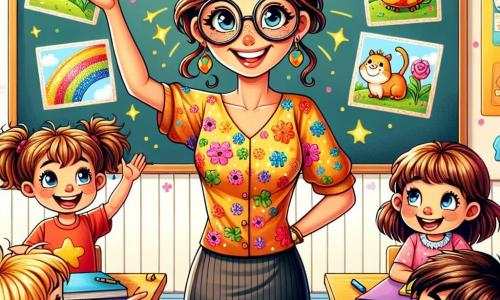 Uma professora sorridente, na casa dos trinta anos, com cabelos castanhos presos em um coque e óculos redondos, está em frente a um quadro negro. Ela usa uma blusa colorida com desenhos de animais e tem um olhar cheio de entusiasmo. Ao lado dela, um garoto de 8 anos, com cabelos loiros bagunçados e uma camiseta vermelha, levanta a mão com um grande sorriso, pronto para compartilhar sua ideia. Outra criança, uma menina de 9 anos, com tranças e um vestido florido, observa atentamente, com os olhos brilhando de excitação. A cena acontece em uma sala de aula iluminada, com paredes amarelas e cartazes coloridos sobre temas da natureza e matemática. Mesas de madeira estão dispostas em círculo, e lápis de cor estão espalhados sobre as mesas. A situação principal mostra a professora e seus alunos envolvidos em uma divertida investigação sobre o mistério das mochilas coloridas, com risadas e troca de ideias, criando uma atmosfera alegre e colaborativa.