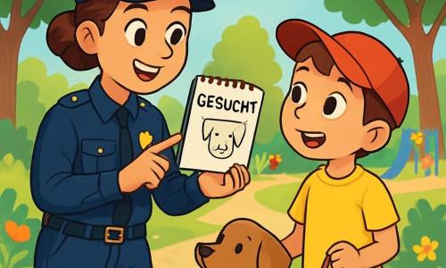 Eine lächelnde Polizistin mit braunen Haaren, die zu einem Dutt gebunden sind, trägt eine makellose marineblaue Uniform. Sie hat funkelnde Augen voller Entschlossenheit und hält ein Notizbuch in einer Hand, während sie mit einem jungen Jungen spricht. Der Junge, Tim, ist etwa 8 Jahre alt, trägt eine rote Mütze und ein gelbes T-Shirt. Er schaut die Polizistin bewundernd mit weit offenen Augen an und hält an seinen Füßen einen kleinen Hund an der Leine. Die Szene spielt in einem sonnigen Park mit üppigen grünen Bäumen, bunten Blumen und einem Kiesweg. In der Ferne spielen Kinder auf einem Spielplatz. Die Polizistin und Tim sprechen über die Suche nach einem verlorenen Hund, mit Ausdrücken von Aufregung und Neugier auf ihren Gesichtern. Der kleine Hund schnüffelt neugierig um sie herum und bringt Freude in die Szene.