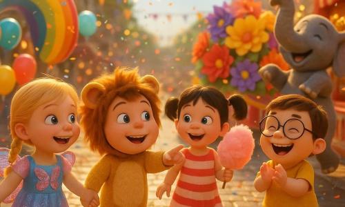 Four 4-year-old children join a sunny carnival parade on a cobblestone street: Lily, a blonde girl in braided hair wearing a pink-and-blue sparkly butterfly dress, holding Jake’s hand and looking at a large rainbow balloon to her right; Jake, a brown-haired boy in a lion costume with a small golden mane, smiling and pointing at a colorful float to Lily’s left; Mia, a black-haired girl in pigtails wearing a red-and-white striped dress stained with sugar, holding pink cotton candy behind Lily and Jake; and Tom, a bespectacled boy in a yellow T-shirt and blue shorts clapping and laughing near a dancing elephant; wood stalls painted red and white, multicolored bunting, floating balloons, falling confetti and a large flower-decorated float create a bright, warm, playful atmosphere.