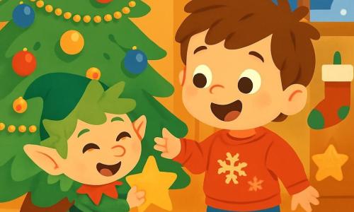 A 2-year-old boy named Max, with messy brown hair and sparkling eyes, stands in front of a large Christmas tree. He wears a red sweater with snowflake patterns and jeans. Max smiles widely, his cheeks flushed with excitement, as he reaches out to a mischievous elf named Jingles. Jingles is a small elf with messy green hair and a pointy hat adorned with bells. He joyfully laughs, bouncing around Max while holding a sparkling star in his tiny hands. The setting is a cozy room filled with twinkling lights and colorful decorations. The tree is covered in golden garlands and shiny ornaments, while snowflakes gently fall outside the window. Max and Jingles are playing together, surrounded by hanging stockings and star-shaped cookies, creating a festive and joyful atmosphere.