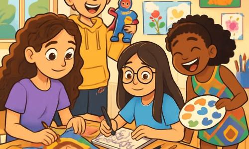 There are 4 children: Emilia, a 12-year-old girl with long curly hair and sparkling eyes, wearing a purple t-shirt and a denim skirt, sitting at a table focused on her art surrounded by colorful fabrics. Jade, also 12, has short straight pink-dyed hair, wearing a yellow hoodie and black pants, standing and smiling while showing her superhero sculpture to her friends. Zahra, a 12-year-old with curly hair and high energy, is wearing a colorful patterned dress and sneakers, leaning forward and laughing while holding a paint palette full of bright colors. Luna, the last girl, has long straight hair and round glasses, dressed in a light blue t-shirt and canvas pants, sitting next to Emilia and drawing stars in her notebook. The setting is a bright art studio with large windows letting in sunlight, walls covered with student drawings and paintings, and tables filled with art supplies like brushes, paints, colorful fabrics, and shiny papers. The atmosphere is joyful and creative, filled with laughter and vibrant colors. The main scene shows the children working together on their art projects, each expressing their unique personality through various materials, with Emilia feeling supported by her friends in a studio overflowing with creative energy and camaraderie.