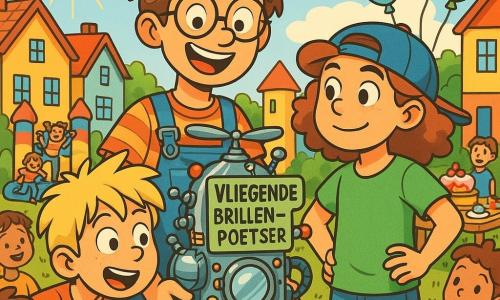 Een jonge man genaamd Timon, met tousled haar en ronde bril, glimlacht enthousiast terwijl hij een glanzend apparaat genaamd "Vliegende Brillenpoetser" vasthoudt. Hij draagt een met olie besmeurde spijkerbroek en een gestreept t-shirt, en zijn ogen stralen nieuwsgierigheid en vreugde uit. Naast hem staat een tienjarig meisje, Zoë, met krullend haar en een achterstevoren pet, die de machine met verwondering observeert, met haar handen op haar heupen. Een negenjarige jongen, Finn, met rommelig blond haar, leunt naar voren met wijde ogen, terwijl hij een klein gereedschap in zijn hand houdt. De scène speelt zich af in een levendig klein dorp, met kleurrijke huizen, zwevende ballonnen en tafels vol taarten en snoep. Op de achtergrond trekt een groot springkussen kinderen aan die van blijdschap springen. Timon, Zoë en Finn presenteren de machine aan een groep nieuwsgierige kinderen, die allemaal enthousiast zijn om te zien hoe het werkt. De sfeer is feestelijk, vol gelach en felle kleuren, terwijl de zon boven hen schijnt en een gouden gloed aan deze uitvindersdag toevoegt.