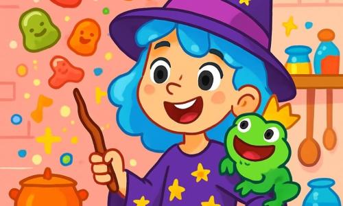 Wanda Wobblewick, a young witch with bubblegum blue hair, wears a purple dress adorned with sparkling stars. She has a mischievous grin and twinkling eyes. Standing in her kitchen, she wields her twisted wand, Squeaky, which emits a cheerful duck-like quack. Next to her, Sir Croaksalot, a bright green toad with a paper crown, perches on her shoulder, joyfully amazed by the jelly confetti floating around them. Wanda's kitchen is magical, filled with colorful jars of strange ingredients, dancing spoons, and pink brick walls. Light sparkles and magical bubbles float in the air, creating a joyful atmosphere. In this scene, Wanda has just cast a spell that has made dancing gummy candies appear, filling the room with laughter and vibrant colors.