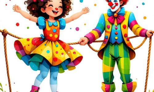 A one-year-old girl with curly hair and sparkling eyes stands on a rope on the ground, wiggling and laughing, her arms open like a bird taking flight. She wears a pretty colorful dress with little clown patterns and pink slippers. Next to her, Mr. Wobble, a man in his thirties with a shiny big hat and a colorful striped suit, watches her with a big smile, encouraging her to wobble. He leans slightly forward, ready to help, standing just behind her on the mat. The setting is a large circus tent with red and yellow stripes, filled with floating balloons and string lights. The ground is covered in a large plush carpet, and amazed spectators, both children and adults, sit around, clapping and laughing. The main scene shows Lily trying to walk on the rope with Mr. Wobble's assistance, both surrounded by a joyful and festive atmosphere filled with laughter and circus magic.