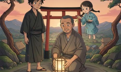 Hideo, homem de rosto marcado e barba rala, de kimono cinza-amarronzado, ajoelhado com uma pequena lanterna de papel sobre uma pedra circular; Ren, jovem de ~17 anos, cabelo preto bagunçado e kimono escuro gasto, em pé a alguns passos com mãos úmidas, rosto dividido entre remorso e esperança; uma menina-kami pequena de quimono azul claro com tranças flutua atrás de Hideo oferecendo um fio de luz; no topo do Monte Aoi ao crepúsculo, clareira com pedras musgosas, pinheiros retorcidos e um torii vermelho ao fundo, vale com telhados de palha e arrozais brilhantes abaixo; cena solene de reparação e promessa, lanternas quentes contrastando com tons frios do entardecer.
