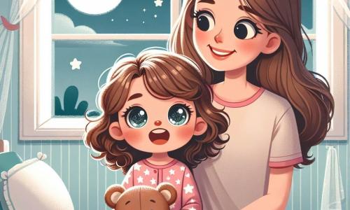 Uma menina de 4 anos, chamada Sofia, está sentada em sua cama, com grandes olhos brilhantes e um sorriso curioso. Ela tem cabelos cacheados castanhos e usa um pijama rosa com estrelas brancas. Sofia segura firmemente seu ursinho de pelúcia, um urso marrom com um laço vermelho no pescoço, e olha pela janela com admiração. Ao lado dela, sua mãe, uma mulher de cerca de trinta anos, tem cabelos longos e lisos, e usa uma camiseta confortável e calças de pijama. Ela está sentada na beirada da cama, sorridente e reconfortante, contando uma história para Sofia, enquanto segura sua mão. A cena acontece no quarto de Sofia, um espaço acolhedor com paredes pintadas de azul claro, adesivos de estrelas e luas, e uma luz noturna em forma de nuvem que emite uma suave luminosidade. A janela está aberta, deixando entrar uma leve brisa, e do lado de fora, o céu está cheio de estrelas cintilantes. A situação principal mostra Sofia e sua mãe compartilhando um momento terno, onde Sofia, inicialmente um pouco assustada com o escuro, descobre a beleza das estrelas e se sente segura pela presença reconfortante de sua mãe.