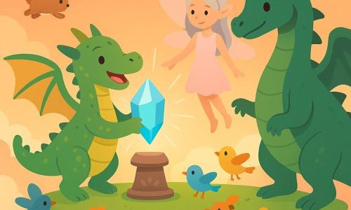 Kleiner Drache namens Flämmchen, fröhlich und stolz, mit ausgebreiteten Flügeln, glänzenden grünen Schuppen mit goldenem Schimmer, hält im Flug knapp über dem Boden einen großen leuchtend blauen Kristall in den Vorderpranken; neben ihm schwebt die Fee Elara, schlank, silbernes Haar, durchsichtige rosa Flügel, lächelnd und auf den Sockel zeigend; die Drachenmutter, größer, dunklergrüne Schuppen und sanfte Augen, steht nahebei mit erhobener Kralle begrüßend; mehrere kleine Inseltiere (fliegende Hasen und bunte Vögel) tummeln sich lachend im Kreis; Schauplatz: kleine schwebende Insel über einem Wolkenmeer, lebhaft grünes Gras, leuchtende Blumen, runde Klippen und moosbedeckte Steine, Sonnenuntergang mit orange-rosa Himmel; Hauptsituation: triumphale Rückkehr, bei der der Drache den Kristall auf einen verzierten Sockel in der Inselmitte setzt, das Kristalllicht strahlt sanft, alle schauen staunend.