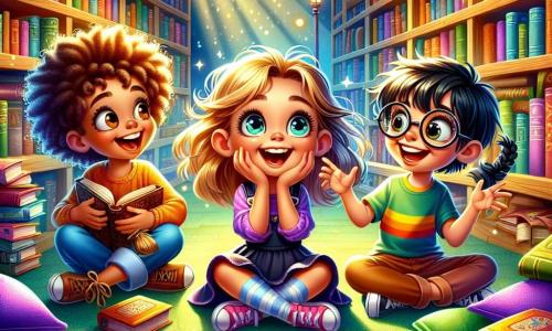 O fetiță de 8 ani, Mara, cu ochi mari și strălucitori și păr castaniu creț, stă pe podea într-o bibliotecă. Are un zâmbet uimit și ține o carte veche cu pagini îngălbenite, în timp ce un raze de lumină îi luminează fața. Lângă ea, un băiat de 8 ani, Radu, cu ochelari rotunzi și păr blond zbârlit, râde imitând expresii de detectiv, cu brațele întinse. O altă fetiță de 8 ani, Ana, cu codițe negre și un tricou colorat, arată cu degetul o hartă misterioasă desenată pe o pagină, cu ochii strălucind de excitație. Biblioteca este plină de rafturi înalte din lemn, pline de cărți cu coperți colorate, iar perne pufoase sunt împrăștiate pe podea. Un colț de lectură este iluminat de o lampă blândă, creând o atmosferă caldă și primitoare. Situația principală îi arată pe Mara, Radu și Ana în plină anchetă, descoperind o carte veche secretă, înconjurați de mister și aventură, pregătiți să rezolve misterul bibliotecii.