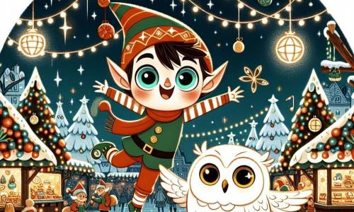 Ein kleiner Elf namens Emil mit großen, glänzenden Augen und einem leicht schiefen grünen Hut springt vor Freude auf einem beleuchteten Weihnachtsmarkt, sein Gesicht strahlt vor Glück. Neben ihm lächelt die kleine, sanfte Schnee-Eule Lili mit weißen Federn und goldenen Augen und reicht ihm eine Kralle, bereit, ihm zu helfen, ihre Freunde zu finden. Der Weihnachtsmarkt ist mit funkelnden Girlanden, großen Tannenbäumen, die mit bunten Kugeln geschmückt sind, und Ständen, die Süßigkeiten und Spielzeug verkaufen, dekoriert und schafft eine festliche, warme Atmosphäre. Emil und Lili, umgeben von funkelnden Lichtern, suchen nach ihren verschwundenen Freunden, bereit, ein magisches Abenteuer im Herzen dieser verzauberten Weihnachtsnacht zu erleben.