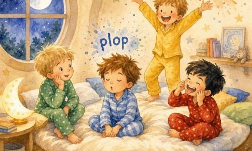Ci sono quattro bambini di circa 5 anni: Luca, capelli castani arruffati, pigiama a righe blu, seduto al centro del letto con gli occhi chiusi come se sussurrasse 