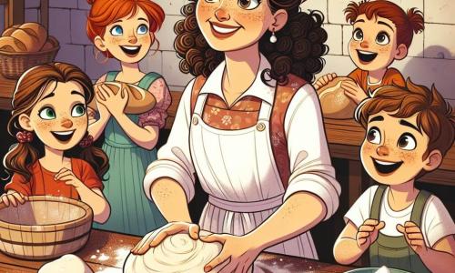 In una panetteria accogliente e colorata, una donna di nome Rosa, sulla quarantina, con capelli castani ricci e un sorriso radioso, sta impastando della pasta per il pane su un grande bancone di legno. Indossa un bel grembiule bianco, leggermente infarinato, e i suoi occhi brillano di gioia e passione per il suo lavoro. Intorno a lei, quattro bambini entusiasti: Marco, un ragazzo di 10 anni con capelli castani disordinati, osserva attentamente Rosa tenendo una piccola ciotola di farina; Sara, una ragazza di 9 anni con capelli rossi e lentiggini, ride mentre cerca di impastare una piccola palla di pasta; Luca, un ragazzo di 8 anni con un sorriso malizioso, forma un pane a forma di cuore; e infine, Emma, una ragazza di 7 anni con due trecce, si diverte a spolverare farina sul tavolo, scoppiando a ridere. La panetteria, "Il Forno Incantato", è decorata con muri di mattoni rossi e scaffali pieni di pani dorati e dolci colorati. I raggi di sole filtrano attraverso le finestre, illuminando la scena con una luce calda e morbida. La scena principale mostra Rosa che insegna ai bambini come preparare il pane, tra risate e gesti gioiosi, creando un'atmosfera magica e conviviale, dove la passione per la panificazione si mescola alla gioia dell'apprendimento.