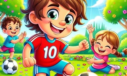 A smiling man, Mr. Kick, is at the center of the image, wearing a bright red jersey with the number 10, his messy brown hair and sparkling eyes full of joy. He is dribbling a soccer ball, his face radiating enthusiasm and determination. To his right, a boy named Tommy, about 8 years old with messy blonde hair and a blue t-shirt, laughs while trying to dribble the ball but has just tripped and fallen into the grass surrounded by colorful flowers. To the left, a little girl named Sally, 7 years old with braided brown hair and a pink dress, joyfully applauds while holding a soccer ball under her arm. The setting is a sunny park in Sunnyville, with large green trees, bright flowers, and a clear blue sky dotted with fluffy white clouds. The main scene shows Mr. Kick teaching the children how to dribble the ball, surrounded by laughter and joy, illustrating the spirit of teamwork and fun in soccer.