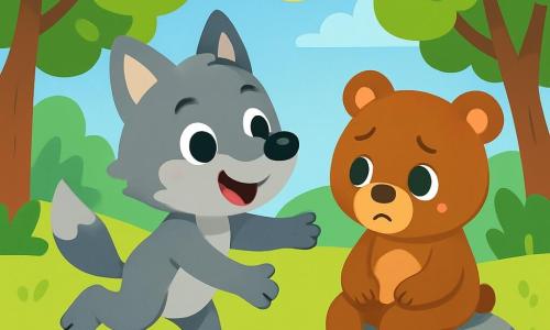 Ein kleiner Wolf mit funkelnden Augen und weichem grauem Fell, der freudig aussieht, springt in einer sonnigen Lichtung. Neben ihm sitzt ein kleiner brauner Bär mit einem warmen Lächeln, rundem Bauch und glänzenden Augen auf einem Stein und schaut besorgt zu seinem Freund. Die Lichtung ist von grünen Bäumen mit glänzenden Blättern umgeben, und bunte Blumen wachsen um sie herum. Der kleine Wolf versucht, seinen Freund zu trösten, indem er ihm eine freundliche Pfote reicht, während der kleine Bär etwas traurig wirkt und in Gedanken versunken ist.