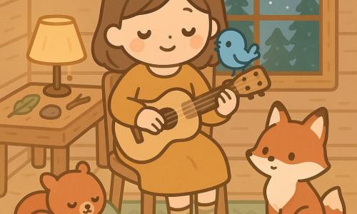 Una música sonriente y serena, cabello castaño medio, piel clara, vestida con un vestido mostaza y calcetines a rayas, sentada en una silla de madera acariciando una pequeña guitarra de madera clara; a la derecha, una pequeña ardilla de pelaje rojizo acurrucada en una manta con los ojos cerrados; a la izquierda, un zorro curioso rojizo y blanco sentado con la cola enroscada mirando la guitarra; un pajarito cantor azul posado en su hombro derecho con el pico abierto; interior de un pequeño chalet de madera con mesa rústica, lámpara de pantalla cálida, ventana que muestra la luna y abetos nevados, alfombra de motivos simples y algunos instrumentos improvisados (pluma, piedra, rama) sobre la mesa; escena de ella tocando una canción suave para sus amigos del bosque, luz cálida y sombras suaves, ambiente tranquilo y reconfortante, colores pastel dominantes (ocre, azul claro, verde salvia); estilo de líneas simples, formas redondeadas, texturas ligeras, expresión kawaii mínima, composición centrada y espacio limpio para la mirada infantil.