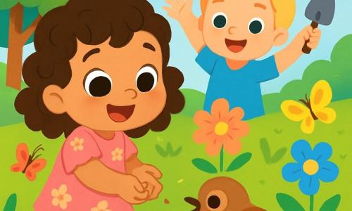 A 2-year-old girl with big bright eyes and curly hair is joyfully smiling while holding seeds in her small hands. She wears a pink floral dress and yellow sandals. Next to her, a brown bird with soft feathers and sparkling eyes is enjoying the seeds she has sown. In the background, a 5-year-old boy with blonde hair and a blue t-shirt raises his arms in the air, happy to help. He holds a small shovel and stands right behind Lily, ready to plant flowers. The scene takes place in a sunny park filled with colorful flowers, tall green trees, and a bright blue sky. Butterflies dance around the flowers, adding a touch of magic to the environment. Lily and her friends are planting flowers to help the birds find their home, creating a joyful and lively garden.