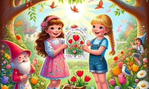 Twee meisjes, Lotte en Sofie, van negen jaar oud, staan in het midden van de afbeelding. Lotte heeft lang bruin haar en draagt een roze bloemenjurk, terwijl Sofie blond haar in een vlecht heeft en een blauwe t-shirt met een spijkerbroek draagt. Ze staan naast elkaar, glimlachend, met elk een kleurrijke kaart versierd met tekeningen en glitters.

Hun omgeving is een zonnige tuin vol bloemen in heldere kleuren, zoals rode tulpen en witte madeliefjes. Op de achtergrond is er een grote boom met uitgestrekte takken, en vogels zingen vrolijk in het loof.

De hoofdscène toont Lotte en Sofie, omringd door hun creativiteit, terwijl ze kaarten voor Moederdag maken, met gelach en enthousiaste gebaren, terwijl een blije kabouter in een grote rode jurk en een puntige hoed hen helpt om magische glitters aan hun creaties toe te voegen.