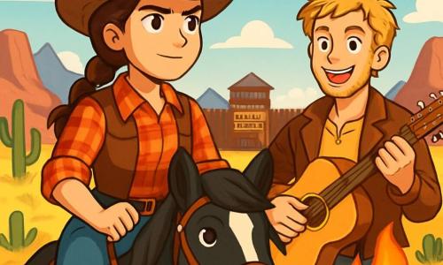 O tânără cowboy, Mara, cu părul brun prins într-o împletitură îngrijită, poartă o pălărie de cowboy uzată și o cămașă în carouri roșii. Fața ei exprimă determinare și curaj, iar ochii strălucitori sunt fixați pe orizont. Ea ține frâiele calului său negru, Tigrul, care are o mare pată albă pe frunte, pregătit să pornească în aventură. Lângă ea, Sam, un tânăr de aproximativ 20 de ani, cu părul blond zbârlit și o barbă ușoară, poartă o jachetă din piele. El zâmbește entuziast, ținând o chitară în mâini, gata să cânte o melodie reconfortantă. Pe fundal, o vastă pajiște aurie, presărată cu cactuși și stânci roșii, se află sub un cer albastru strălucitor cu câteva nori albi. Departe, se vede un fort din lemn, simbol al protecției, înconjurat de munți măreți. Situația principală arată cum Mara și Sam se pregătesc să apere fortul Willow împotriva unei bande de răufăcători, cu un foc care trosnește la picioarele lor, simbolizând curajul și determinarea de a-și proteja cei dragi.