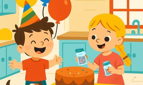 A 4-year-old boy, Max, with messy brown hair and a big joyful smile, is wearing a colorful birthday hat. He stands in a bright kitchen surrounded by multicolored balloons. His best friend, Mia, a 5-year-old girl with braided blonde hair and a pink dress, holds a box of sprinkles, ready to decorate a large cake. Dotty, a small brown and white puppy, runs around them, tongue out, attracted by the delicious smell of the cake. The kitchen is filled with colorful garlands and a large table covered in confetti and birthday decorations. Max and Mia are laughing together, excited to create the most fun cake for Max's birthday party.