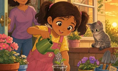 The protagonist is a joyful, focused 6-year-old girl with brown pigtails holding a small green watering can and tilting her head toward a plastic cup where a tiny plant seedling grows; the mother, smiling and attentive with short chestnut hair, stands in the doorway behind her with a hand on the handle as if watching without intervening; a curious gray tabby cat sits on the windowsill with its tail curled around its paws watching the plant; the setting is a garden corner by a house with dark moist soil, colorful flower pots, a small wooden table with miniature gardening tools and floral curtains visible through the window; the girl waters the seedling gently, a few droplets sparkling in the warm, soft sunset light, creating a tender, protective atmosphere.