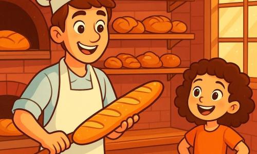 Un hombre, Miguel, con cabello castaño y ojos llenos de curiosidad, lleva un gran delantal blanco y un sombrero de panadero. Sonríe con entusiasmo, sosteniendo una baguette dorada recién salida del horno, con el calor emanando de la hornilla. A su lado, una niña de 6 años, su hermana Clara, con cabello rizado y ojos brillantes, observa con asombro la cocción de los panes, con las manos en las caderas. El lugar es una panadería acogedora, con paredes de ladrillo rojo, estanterías de madera llenas de panes crujientes y pasteles coloridos. Rayos de sol filtran a través de las ventanas, iluminando la harina en el aire y creando un ambiente alegre. La situación principal muestra a Miguel sacando una tanda de panes dorados del horno, mientras Clara, impaciente, espera con una gran sonrisa, lista para probar la primera baguette.