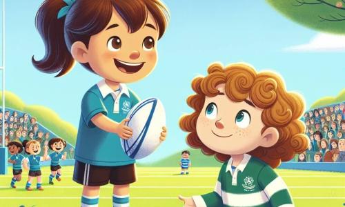 O fată de 10 ani, Ana, stă în centrul terenului de rugby, cu un zâmbet larg pe față, având părul brun prins într-o coadă de cal. Ea poartă un tricou de rugby albastru și o pereche de pantaloni scurți negri, ținând o minge de rugby în mâini, pregătită să paseze. La dreapta ei, Maria, o altă fată de 10 ani, cu părul blond și creț, o privește pe Ana cu admirație, purtând de asemenea un tricou de rugby, și pare puțin nervoasă dar entuziastă. În fundal, terenul de rugby este verde, înconjurat de spectatori veseli și copaci înfloriți sub un cer albastru strălucitor. Situația principală o arată pe Ana încurajând-o pe Maria să aibă încredere în sine înainte de un meci important, ilustrând spiritul de echipă și prietenia care le unește.
