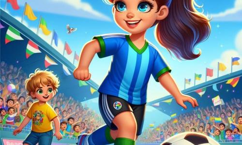 Mia, a young woman with brown hair in a ponytail, is wearing a bright blue swimsuit and black shorts. Her face radiates determination and joy as she dribbles a soccer ball on a green field. Her eyes sparkle with excitement, and a wide smile lights up her face. Next to her, Ben, an 8-year-old boy with messy hair and a yellow t-shirt, watches her with admiration. He holds a homemade sign that says "Go Mia!" in colorful letters, standing on the sidelines with his arms raised, ready to cheer for his heroine. The scene takes place in a large stadium filled with enthusiastic spectators, with waving flags and banners. The sky is blue with a few white clouds, and the grass is a vibrant green, perfectly maintained. The main focus shows Mia skillfully dribbling the ball while Ben encourages her passionately. The crowd's energy is palpable, creating an atmosphere filled with joy and excitement, capturing the spirit of sports and friendship.