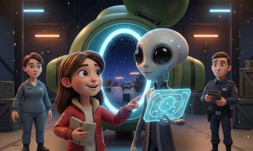 A 12-year-old girl, Mira, enthusiastic and focused with brown bangs and a worn red jacket, holds a sketchbook and points at a holographic screen, her face lit by blue light and eyes bright with wonder; beside her stands Nemi, a slim pearly-gray humanoid alien with sparkling spots and large glossy black eyes, wearing a flowing oil-slick garment and resting a hand on a luminous console; Mira's mother, a ~35-year-old naval technician in gray-blue coveralls with hair tied back, watches from the hangar frame a few steps behind, half-worried, half-proud; a security officer (~40) in a dark uniform with a handheld scanner stands at the dock entrance, ready but hesitant under port lamp beams. The scene: Dock C of a spaceport at night with polished metal floors, stacked crates, orange industrial lights and cold neon, ozone sparks in the air, and a moss-green ship at the center with its hatch open emitting soft blue light and a glittering oval portal revealing a calm alien port; Mira and Nemi have aligned star charts and opened a mirror portal between ports, exchanging a friendly greeting while the mother and officer look on, creating a tender, curious, peaceful atmosphere.