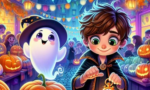 An 8-year-old boy, Max, with messy brown hair and sparkling eyes of joy, wears a black wizard costume with a shimmering cape. He holds a shiny stopwatch in his hands, his face beaming with excitement and curiosity. Beside him is a little ghost girl named Glimmer, with a friendly smile and round eyes, floating in the air, her white sheets gently billowing around her. The setting is a lively square in Moonville, decorated with glowing pumpkins, spider web garlands, and colorful lanterns, where costumed children are playing and laughing. The scene is filled with bright colors and festive details, creating a joyful and magical atmosphere. Max and Glimmer are at the center of the illustration, surrounded by tables with large pumpkins ready to be carved. Max presses the stopwatch button, while Glimmer, with a mischievous sparkle in her eyes, prepares a little prank, adding a touch of magic to the scene.