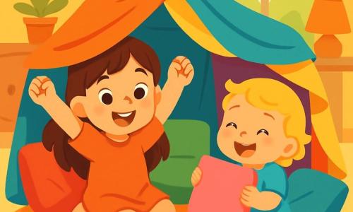 A 4-year-old girl named Lily, with long brown hair and sparkling eyes, is sitting inside a fort made of colorful cushions and soft blankets. She is smiling enthusiastically, her rosy cheeks and raised arms showing victory. Next to her, her 2-year-old sister Daisy, with curly blonde hair and a bright smile, is laughing while holding a pink cushion, ready to help rebuild their fort. The setting is a cozy living room with a plush carpet and light yellow walls. Toys are scattered around, and sunlight filters through the curtains, creating a joyful and welcoming atmosphere. The main scene shows Lily and Daisy rebuilding their fort after it has fallen, surrounded by colorful cushions and blankets, full of energy and laughter, ready for new adventures together in their makeshift castle.