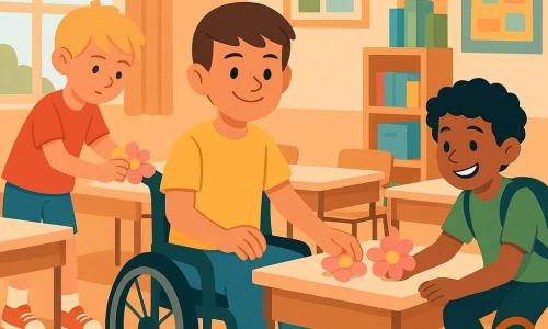 Three children in a bright classroom: a 10-year-old brown-haired boy in a wheelchair wearing a yellow t-shirt and blue jeans is at the center placing a towel-shaped flower on a desk; to his left a blond 10-year-old in a red t-shirt stands on tiptoe placing another; to his right a curly black-haired 10-year-old in a green t-shirt with a messenger bag crouches arranging a flower; the tidy room has peach pastel walls, large windows with light curtains, colorful maps, shelves with books and boxes, rows of light-wood desks draped with pale pink cloths and a wicker basket of towel-flowers; the friends quietly place towel-flowers on each desk with gentle, conspiratorial gestures, creating a warm, surprising morning scene in bright yellows, reds, greens and pinks.