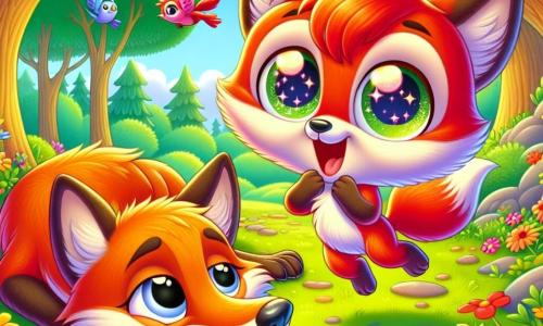Ein kleiner, leuchtend roter Fuchs namens Finn springt fröhlich in einer sonnigen Lichtung, umgeben von bunten Blumen. Er hat ein großes Lächeln im Gesicht, voller Aufregung für den Vatertag. In der Nähe wacht sein Papa, ein größerer Fuchs mit weichem Fell und einem wohlwollenden Blick, langsam auf, seine Augen halb geschlossen und ein sanftes Lächeln auf den Lippen. Er liegt auf einem Bett aus grünen Blättern und genießt die warmen Sonnenstrahlen. Die Lichtung ist von großen Bäumen mit robusten Stämmen umgeben, deren Blätter sanft im Wind tanzen, während Vögel fröhlich in den Ästen singen. Finn, mit einem Funkeln der Begeisterung in den Augen, bereitet eine Überraschung für seinen Papa vor und hält in seinen kleinen Pfoten einen Strauß leuchtender Blumen, bereit, ihm ein besonderes Geschenk zu machen, um ihre Bindung zu feiern.