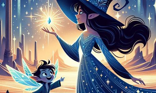 In the center of the image, Elara, a young mage woman about 25 years old, stands proudly. She wears a long navy blue robe adorned with sparkling stars and a wide hat that shields her face from the sun. Her expression is determined and full of wonder as she reaches out towards the Starstone, a glowing gem with iridescent colors pulsing with magic. Her long, wavy hair gently floats in the desert wind. Next to her, Zim, a mischievous little sprite, is a boy with sparkling eyes and twilight-colored fur. He joyfully flies around Elara, his translucent wings shimmering in the light, pointing at the Starstone with a cheeky smile. The setting is a vast underground cave illuminated by sparkling crystals resembling stars. The ground is sprinkled with golden sand, and in the center, a gold and silver pedestal supports the Starstone, surrounded by mystical glows. The main scene shows Elara, full of courage, ready to grasp the Starstone, while Zim, playful, enthusiastically encourages her, creating an atmosphere of magic and adventure.