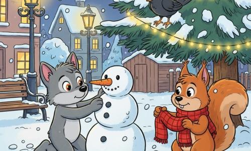 Een klein welpje genaamd Wikkel, zacht grijs vachtje, amberkleurige ogen, tedere vastberaden blik, knielt in de sneeuw en zet een grote oranje wortel als neus op een sneeuwman met drie bollen; Rits, een rood eekhoorntje met grote oren en een iets te grote geruite rode sjaal, kijkt beschaamd maar opgelucht en reikt de echte rode sjaal vanuit de rechterkant aan het welpje; mevrouw Merel, een glanzende zwarte merel, zit op een lage dennentak met een vriendelijke, schuin gekeerde kop en bekijkt de scène; dorpsplein met versierde kerstboom en gele lichtjes, smeedijzeren lantaarns, deels besneeuwd houten bankje, houten schuurtje en huizen met verlichte ramen; heldere nacht met langzaam vallende ronde sneeuwvlokken, gezellige sfeer, het welpje bouwt zorgvuldig de sneeuwman, pastelkleurig palet met warme contrasten, dikke contouren en rubber-hose proporties.