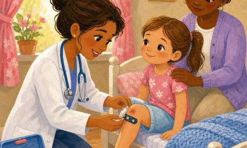 O femeie medic zâmbitoare, cu față blândă și păr șaten prins în coc, în halat alb și cu stetoscop, se așază în genunchi pentru a curăța și a pune un plasture cu model licurici unei fetițe de 5 ani așezate pe un pat jos, cu piciorul drept ușor îndoit și o zgârietură la genunchi; trusa mică cu plasturi cu ursuleți este deschisă, mama stă lângă pat cu mâna pe umărul fetei și haine pastelate, iar camera luminoasă, cu pereți crem, perdele cu flori roz, pătură tricotată albastră, parchet deschis și lumină aurie, emană o atmosferă calmă și sigură în tonuri calde și pastel, cu tușe vizibile și texturi moi.