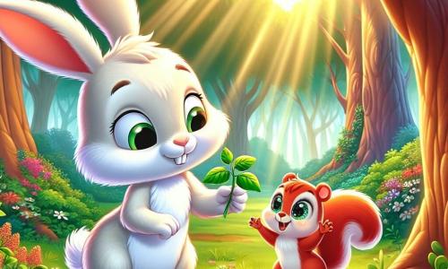 En un claro del Bosque Brillante, un pequeño conejo blanco llamado Benito, con grandes orejas y un pelaje suave y sedoso, mira con esperanza una planta de hojas verdes brillantes, sus ojos brillando de entusiasmo y curiosidad. A su lado, Lila, una ardilla roja de ojos chispeantes, trepa alegremente por una rama, sonriendo y animando a Benito con gestos entusiastas. El claro está bañado por la luz dorada del sol, rodeado de árboles majestuosos con troncos gruesos y flores coloridas que bailan suavemente en la brisa. Benito, en busca de energía, se prepara para recoger las hojas de la planta de la vitalidad, esperando recuperar su fuerza y compartir su descubrimiento con sus amigos.