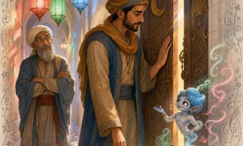 Volwassen man (Amir) met rustig, vastberaden gezicht, zachte geconcentreerde ogen en korte baard, in traditionele geweven kleding ocre-blauw, legt zijn rechterhand zacht op een oude gebeeldhouwde houten deur alsof hij fluistert; oudere man (Rashid, ~60) met gerimpeld warm gezicht, lange grijze baard en eenvoudige tulband staat links achter Amir, verrast en geamuseerd met gekruiste handen; kleine katachtige djinn (Nuri) met azuur tulband en licht parelmoeren huid hangt speels uit een rokerig theepotje op een dienblad bij de deur; locatie: gang van het "Huis van de Maan" met witte stenen muren, blauw-gouden geometrische tegels en gekleurde glazen lampen die rood-groen-blauwe lichtvlekken werpen, geur van munt en rozenwater in gestileerde waas; hoofdscène: Amir opent zacht de gebeeldhouwde deur met maansymbolen en gouden filigranen, de deur gaat piepend op een kier, zacht binnenlicht valt in kleurbanden op hun gezichten, magische rustige sfeer met nadruk op het tedere gebaar en de verbinding tussen de personages.