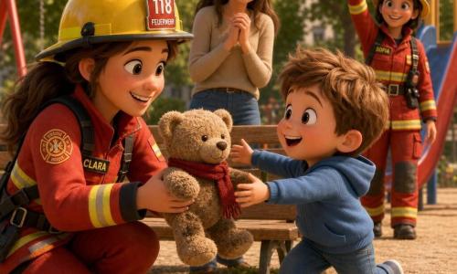 Clara, bombera de unos 28 años, sonriente y amable, de rostro redondo y pelo castaño recogido en coleta, arrodillada ofreciendo un pequeño osito de peluche polvoriento con bufanda roja; Lucas, niño de unos 4 años, castaño claro, ojos grandes y asombrados, corriendo desde un banco de madera para recibir el osito con alegría; la madre de Lucas, unos 32 años, pelo largo y ropa informal, detrás del banco con las manos juntas, aliviada y emocionada; Sofía, bombera de unos 30 años con uniforme similar, sonriendo y saludando junto a un tobogán; parque urbano soleado con árboles verdes, arenero beige, columpios rojos, sendero de grava y flores en primer plano, cielo azul y luz cálida de mañana; escena principal: entrega del osito — gesto tierno, expresiones luminosas, polvo de arena en el peluche, composición centrada, primeros planos de los rostros, colores saturados, texturas suaves y ambiente reconfortante y heroico.