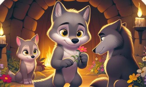 En el centro de la imagen, un pequeño lobo llamado Lobo, con un suave pelaje gris y ojos amarillos brillantes de curiosidad, está de pie en una cueva acogedora. Tiene una expresión decidida en su rostro, listo para hablar con su familia. A su derecha, su madre, una loba de pelaje marrón claro, mira a Lobo con ternura, sus ojos llenos de emoción, mientras sostiene una pequeña flor entre sus patas. A su izquierda, su padre, un lobo de pelaje más oscuro, muestra una expresión pensativa, con las orejas ligeramente caídas, como si estuviera reflexionando sobre sus palabras. La cueva está decorada con flores coloridas y pequeñas antorchas que emiten una luz suave, creando una atmósfera cálida y acogedora. La escena representa un momento crucial donde Lobo, con valentía, propone a su familia discutir sus sentimientos, simbolizando la importancia de la comunicación y el amor familiar.