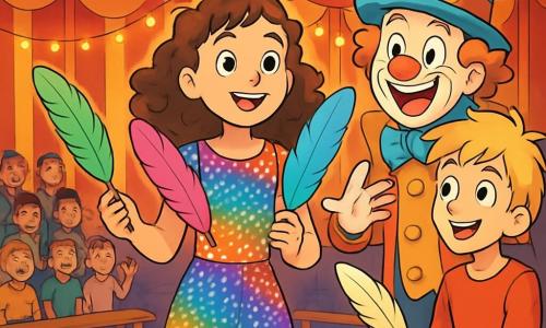 A 12-year-old girl, Ellie, with curly brown hair and sparkling curious eyes, stands at the center of a circus scene, a radiant smile on her face. She wears a colorful costume adorned with shimmering sequins and holds three lightweight feathers in her hands, ready to throw them into the air. Next to her, a 12-year-old boy, Mateo, with messy blonde hair and a mischievous grin, prepares to help her by holding one feather, his gaze full of encouragement. An elderly clown, with a red nose and a large colorful hat, stands in the background, laughing and making funny gestures to encourage Ellie. The scene takes place under a large circus tent in bright red and yellow colors, with strings of twinkling lights illuminating the space. Enthusiastic spectators sit on wooden benches, their faces lit up with excitement. Ellie is getting ready to perform her juggling act with the feathers, while the clown and Mateo cheer her on, creating an atmosphere of camaraderie and joy.