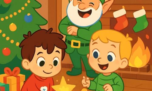 Ci sono 3 personaggi: Luca, un bambino di 3 anni con i capelli castani disordinati, che indossa un maglione rosso con un pupazzo di neve, accovacciato vicino al tappeto con una piccola stella brillante in mano; Marco, un bambino di 3 anni con i capelli biondi e occhi scintillanti, vestito con una camicia verde a righe, in piedi accanto a Luca, sorridente e agitando una piccola campanella dorata; e il Folletto Burlone, un piccolo folletto con barba bianca, in un costume verde brillante e un cappello a punta, che sta dietro ai ragazzi ridendo gioiosamente con le braccia incrociate. La scena si svolge in un accogliente salotto di Natale, decorato con un grande albero scintillante, ghirlande dorate e palline colorate. Le calze di Natale sono appese sopra un bel camino scoppiettante, e fiocchi di neve cadono delicatamente fuori dalle finestre. Luca e Marco scoprono una stella brillante mentre il Folletto Burlone li incoraggia con un grande sorriso, immersi nell'eccitazione della loro avventura, circondati da luci scintillanti e decorazioni festive.