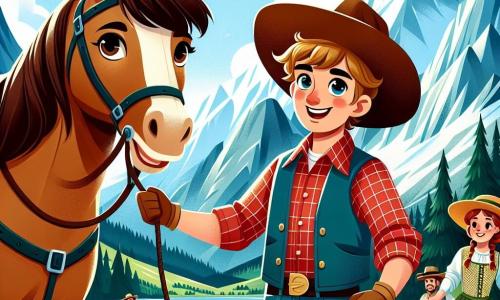 Een glimlachende cowboy, Jack, een man van dertig met een grote cowboyhoed, een rood geruite blouse en blauwe jeans, staat trots naast zijn mooie bruine merrie, Bella. Hij heeft een vastberaden en blije blik, alsof hij klaar is voor avontuur. In de buurt helpt een vrouw van veertig, gekleed in een eenvoudige jurk en een strohoed, met dankbare ogen een groep dorpsbewoners om een koets uit de modder te trekken. Ze heeft kastanjebruin haar en een warme glimlach, die haar opluchting en vreugde toont. Het decor is een berglandschap met majestueuze toppen onder een stralende blauwe lucht en een schitterend meer op de achtergrond. Groene bomen omringen de scène en creëren een rustige, natuurlijke sfeer. De hoofdactie toont Jack en Bella, klaar om de vrouw en de dorpsbewoners te helpen de in de modder vastzittende koets te bevrijden, wat de geest van samenwerking en avontuur van hun dag illustreert.