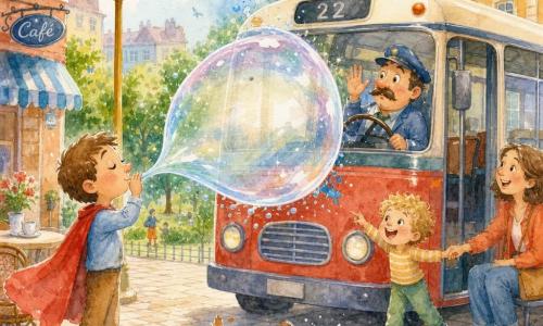 Um homem chamado João, herói calmo e gentil de rosto redondo e cabelo castanho curto, com capa vermelha, assopra uma grande bolha falante transparente com reflexos iridiscentes que empurra suavemente um ônibus imóvel; o motorista, homem de meia-idade com bigode e boné azul, olha surpreso pela janela dianteira com uma mão no volante e outra erguida em saudação; um menino de cerca de seis anos, cabelos loiros encaracolados e calça verde, segura a mão de uma mulher sentada e ri, em pé perto da porta direita do ônibus olhando a bolha; um cão pequeno marrom às pintas corre alegre aos pés do ônibus brincando com uma meia caída; cenário: rua urbana iluminada com prédios coloridos, um pequeno parque verde ao fundo, passeio de paralelepípedos, poste amarelo e café com cadeiras na calçada; situação: cena cômica e alegre em aquarela pastel com contornos leves e respingos controlados ao redor da bolha e dos pés do cão.