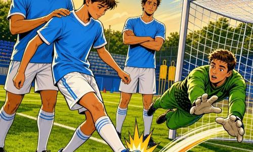 Un ragazzo di 16 anni, Luca, concentrato e timido, capelli corti castani, maglia da allenamento azzurro e pantaloncini bianchi, allunga il piede per deviare un pallone verso la porta; dietro di lui Amir, giocatore professionista di circa 26 anni, pelle olivastra, capelli corti, espressione calma e fiera, mano rassicurante sulla spalla di Luca; il portiere di circa 20 anni in tuta verde, sorpreso e sollevato, si tuffa con i guanti quasi a toccare la traiettoria deviata; Leo, circa 22 anni, un po' indietro, lo sguardo contrito con le braccia incrociate; scena su un campo di allenamento con erba brillante, linee bianche nette, rete che vibra, gradinate sfocate, cielo limpido e luce calda del tardo pomeriggio; momento decisivo, gesto congelato, movimento dinamico, colori vividi e contorni netti in stile pop art.