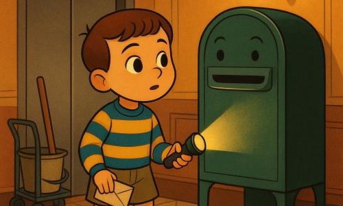 Un niño de 8 años, rostro redondo, pelo castaño corto y ojos marrones brillantes, con expresión curiosa y valiente, sostiene una carta pequeña en una mano y una linterna encendida en la otra frente a un gran buzón antropomorfo verde oscuro con una ranura en forma de sonrisa y ojos pintados que parece susurrar; viste suéter a rayas azul y amarillo, pantalón corto caqui y zapatillas rojas algo sucias; a la derecha el buzón apoyado en un muro inclinado hacia él y a la izquierda, en segundo plano desenfocado, una puerta de ascensor de metal cepillado y un carro de limpieza con fregona y cubo que marcan la entrada del edificio; suelo de baldosa beige con motivos geométricos art déco, paredes ocres con molduras y una luz mural cálida; atardecer, atmósfera íntima y misteriosa, composición centrada en el intercambio, colores cálidos con toques verdes y azules y texturas detalladas.