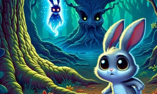 Un pequeño conejo de pelaje plateado, llamado Boro, se encuentra en el centro de la escena, con ojos redondos y brillantes que expresan tanto curiosidad como miedo. Mira fijamente una misteriosa luz azul que flota frente a él, con las orejas erguidas, listo para enfrentar lo desconocido. Cerca, una silueta oscura y etérea, que representa un espíritu del bosque, se encuentra junto al viejo roble, con ojos penetrantes y un aura inquietante. Este espíritu parece a la vez amenazante y fascinante, sus contornos difusos se mezclan con la niebla nocturna. El lugar es un antiguo bosque, con árboles gigantescos de troncos retorcidos, cuyas hojas oscuras forman un techo de verdor. La luz de la luna filtra a través de las ramas, creando sombras danzantes sobre el suelo cubierto de hojas muertas. La escena muestra a Boro, decidido pero inquieto, frente al espíritu misterioso, mientras se prepara para resolver los enigmas que podrían liberar su mundo de las tinieblas.