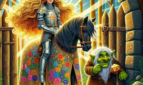 Eine Ritterin, Ser Leona, steht stolz auf ihrem schwarzen Pferd namens Blitz. Sie hat lange, wellige Haare, die im Sonnenlicht golden glänzen, und trägt eine funkelnde Rüstung mit floralen Mustern. Ihr Gesicht zeigt Entschlossenheit und Güte, mit einem leichten Lächeln auf den Lippen. Neben ihr schaut ein alter Troll mit faltigem Gesicht, grüner Haut und schelmischen Augen neugierig zu. In seinen großen Händen hält er einen Holzwürfel, als würde er auf seinen Spielzug warten. Im Hintergrund befindet sich eine alte Holzbrücke, umgeben von hohen Bäumen mit leuchtend grünen Blättern, während Sonnenstrahlen durch die Äste brechen und tanzende Schatten auf den Boden werfen. Die Ritterin bereitet sich darauf vor, den Trollen eine fesselnde Geschichte zu erzählen, die aufmerksam zuhören, ihre Gesichter von Aufregung erleuchtet. Die Atmosphäre ist voller Magie und Abenteuer, mit Lichtblitzen und lebhaften Farben, die eine fantastische Welt heraufbeschwören.