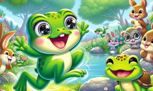 Uma pequena rã chamada Lila, com uma pele verde brilhante e grandes olhos redondos e cintilantes, salta alegremente em um campo de flores coloridas, com um grande sorriso no rosto. Ao lado dela, o sapo Teco, uma rã com a barriga amarela e manchas marrons, faz uma careta engraçada, rindo alto. Ao fundo, um grupo de animais da floresta, como um coelhinho travesso de orelhas grandes e uma tartaruga sábia com uma carapaça verde, os observa rindo, sentados em pedras perto de um lago cintilante. O cenário é uma floresta encantada, cheia de flores vibrantes, árvores majestosas e um céu azul claro. A cena principal mostra Lila e Teco competindo em piadas, cercados por seus amigos, todos rindo e se divertindo juntos em um ambiente alegre e colorido.
