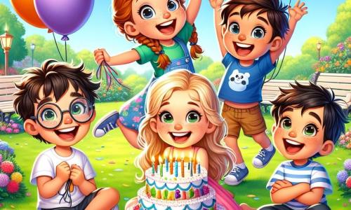 Er zijn vier personages: 1. Luca, een 7-jarig jongen met bruin haar en ronde bril, glimlachend in het midden, houdt een verjaardagstaart vast versierd met gekleurde kaarsjes. 2. Emma, een 7-jarig meisje met blonde vlechten, draagt een roze jurk en danst om Luca heen met haar armen in de lucht, vol energie. 3. Sam, een 6-jarig jongen met rommelig zwart haar, draagt een blauwe t-shirt en korte broek, zit op het gras en lacht met een hand op zijn buik. 4. Mia, een 6-jarig meisje met rood haar en een bril, blaast een grote gele ballon, naast Noor, een 7-jarig meisje met kastanjebruin haar en een bloemenjurk, die kleurrijke ballonnen vasthoudt. De locatie is een zonnig park, vol met kleurrijke bloemen en groene bomen. Het gras is helder groen en vogels zingen in de takken. Op de achtergrond een helderblauwe lucht met enkele drijvende witte wolken. De belangrijkste situatie toont Luca omringd door zijn vrienden, die vreugdevol zijn verjaardag vieren. Ze lachen, dansen en hebben samen plezier, wat een feestelijke sfeer van liefde en vriendschap creëert.